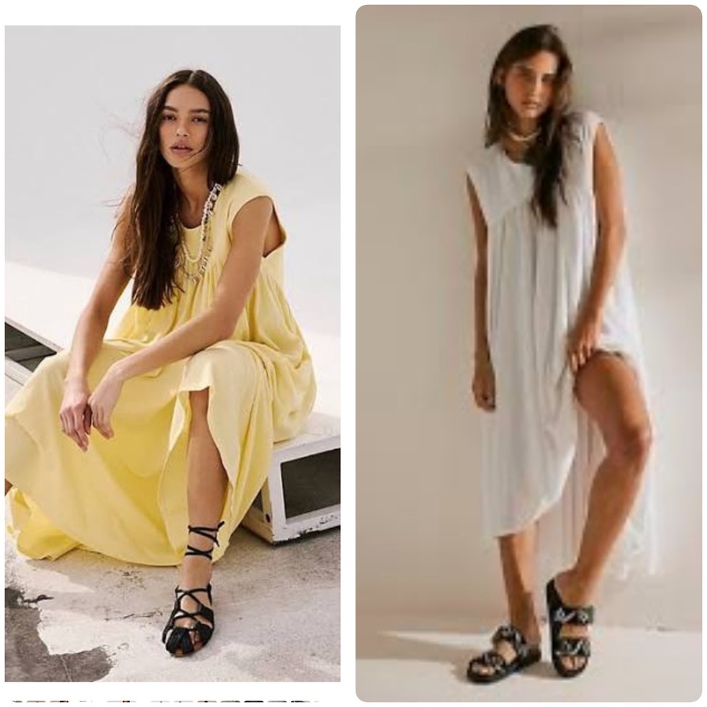 Free People Sleeveless Midi Dress in Yellow and White